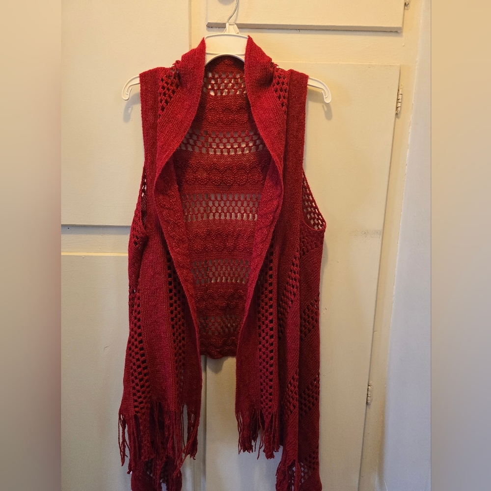 New! Open-Front Red Crochet Fringe Sweater Vest